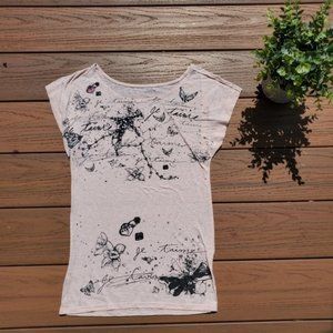Express Pastel Pink Graphic Tee Shirt Rhinestones Top Preppy Floral Butterfly XS